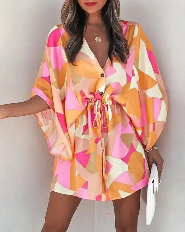 Summer Boho Mini Dress Women Flora Print Batwing Sleeve Lace-Up V Neck Loose Button Dresses Ladies Beach Party Dress Vestido - Seprincess