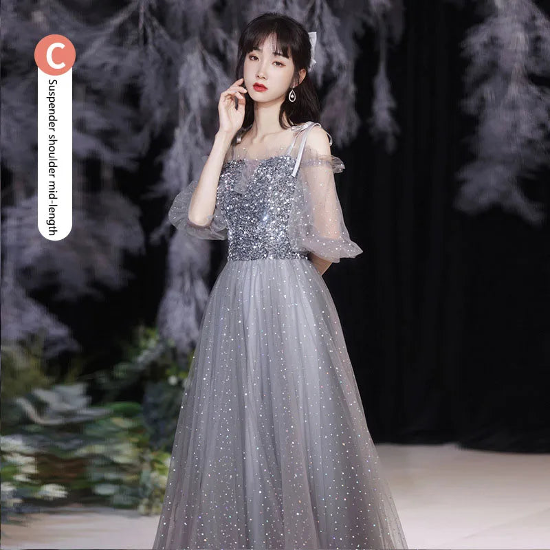 Grey Bridesmaid Evening Dress Women Off Shoulder Sequins Wedding Party Vestidos Fairy Temperament Sisters Group Gown Summer - Seprincess