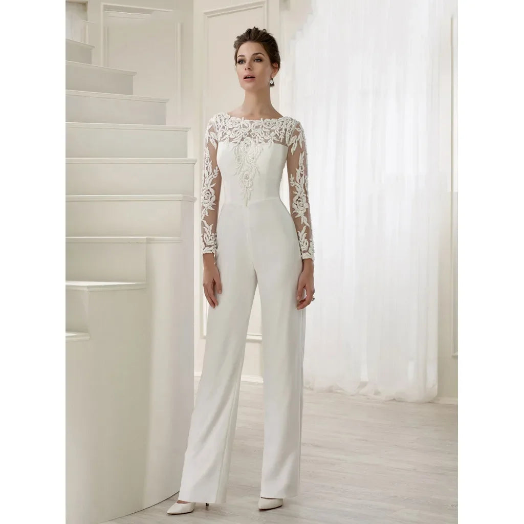 Women Elegant Long Sleeves Lace Bride Bridesmaids Wedding Party Playsuits Overalls Long Jumpsuit - Seprincess