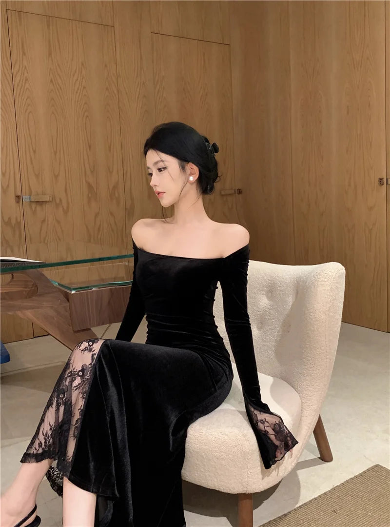 Women's Sexy Black Velvet Dress Elegant Chic Off Shoulder Lace Split Evening Party Dresses Autumn Female Bodycon Vestidos Mujer - Seprincess