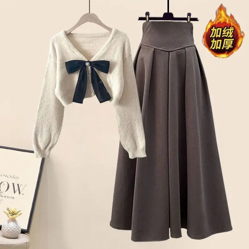 Korean Fashion Casual Skirt Sets Knitted Pullover+ Slim Umbrella Skirt Two Piece Set Plus Size Clothing - Seprincess