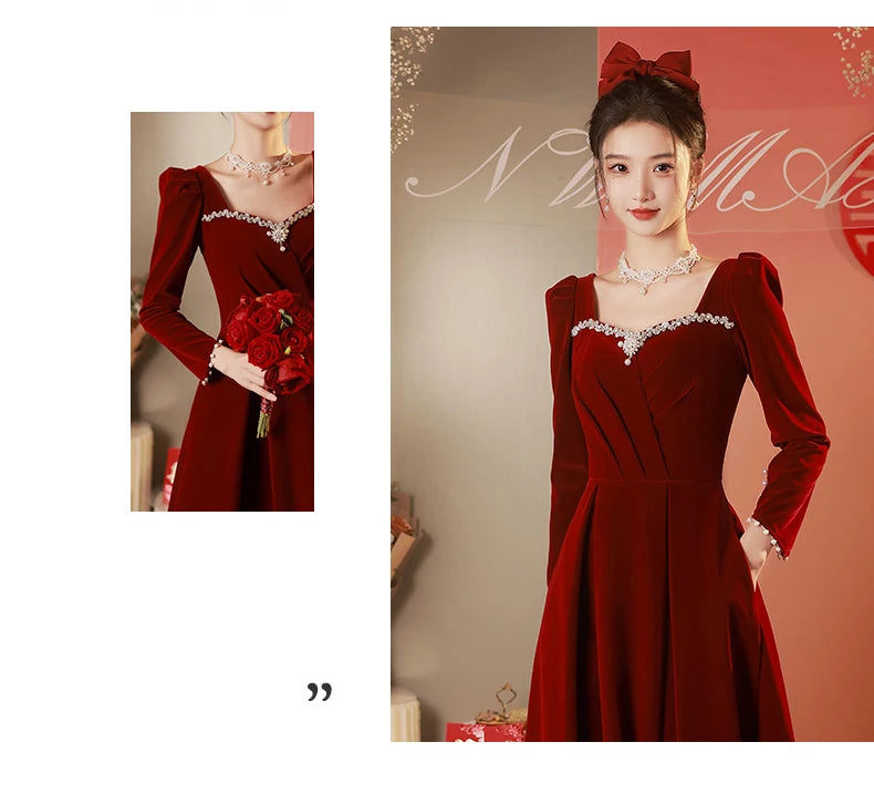 Burgundy Velvet Prom Dresses Square Collar Long Sleeve Pearl Crystal Long Engagement Dress Plus Size Female Formale Gowns - Seprincess