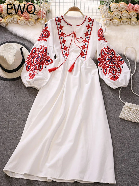 EWQ Sweet Style Y2K Women Nice Foreve Dress Embroidery O-neck Bandage Long-sleeve White Dresses Womens Spring Summer 2023 New - Seprincess