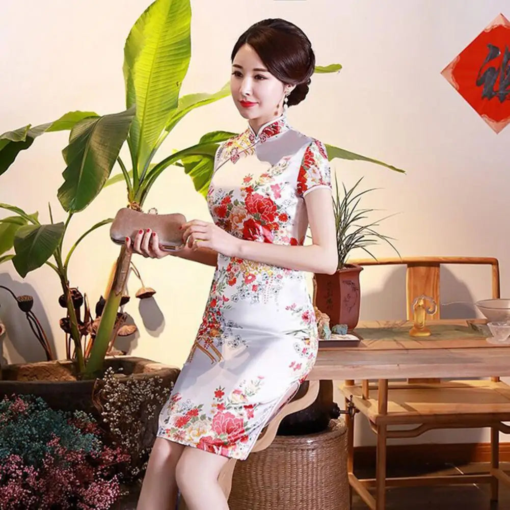 Women Cheongsam Mandarin Collar Short Sleeve Disc Buckles Side Split Lady Cheongsam Flower Print Chinese Style Qipao - Seprincess