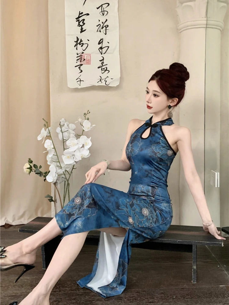 150kg Large Size Women's Qipao Halterneck Sleeveless Chinese Cheongsam Mandarin Collar Side Split Long Party Dress Slim Outfit - Seprincess