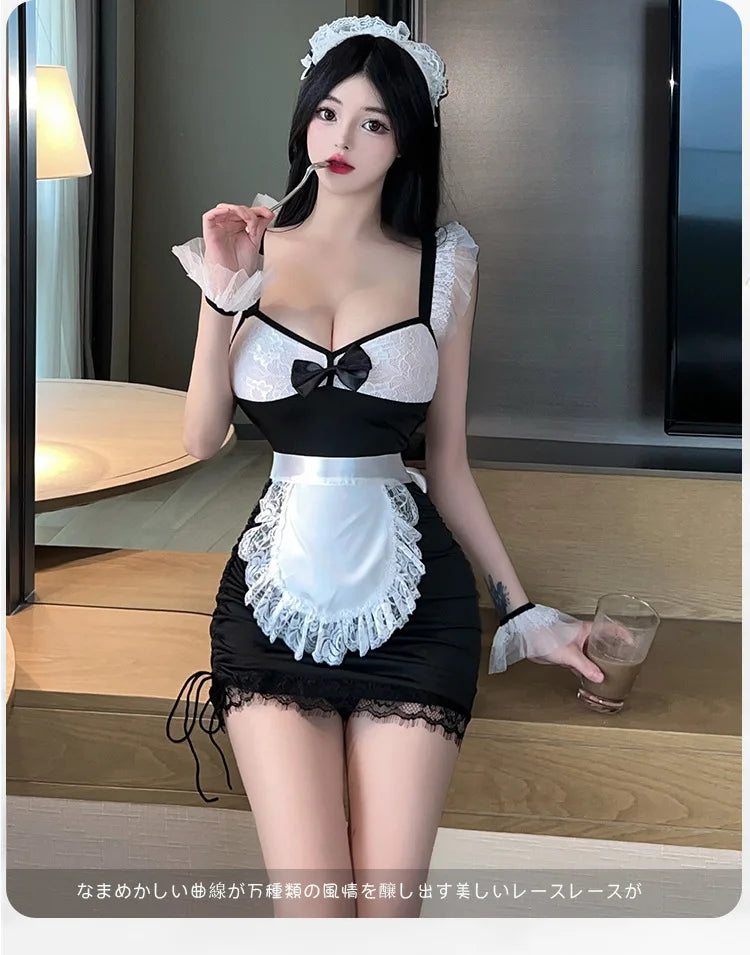 Erotic lingerie Lace deep v revealing breasts tight fitting maid uniform tempting sexy tоy body sexy. items lolita sex cosplay - Seprincess