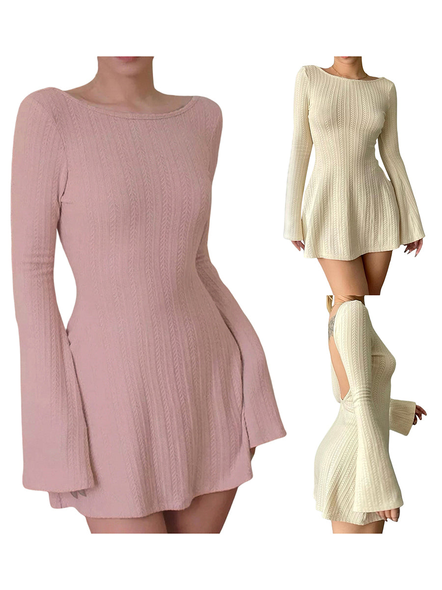 Women Casual A-line Mini Dress Autumn Elegant Long Sleeve Crew Neck Backless Solid Color Short Dresses for Office Lady Dailywear - Seprincess