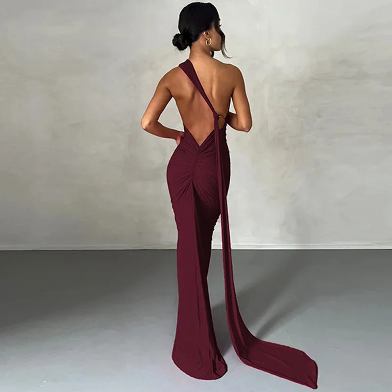 Womens Elegant Evening Party Cocktail Long Dress Sexy Backless Open Back Ruched Slim Bodycon Formal Wedding Guest Maxi Dress