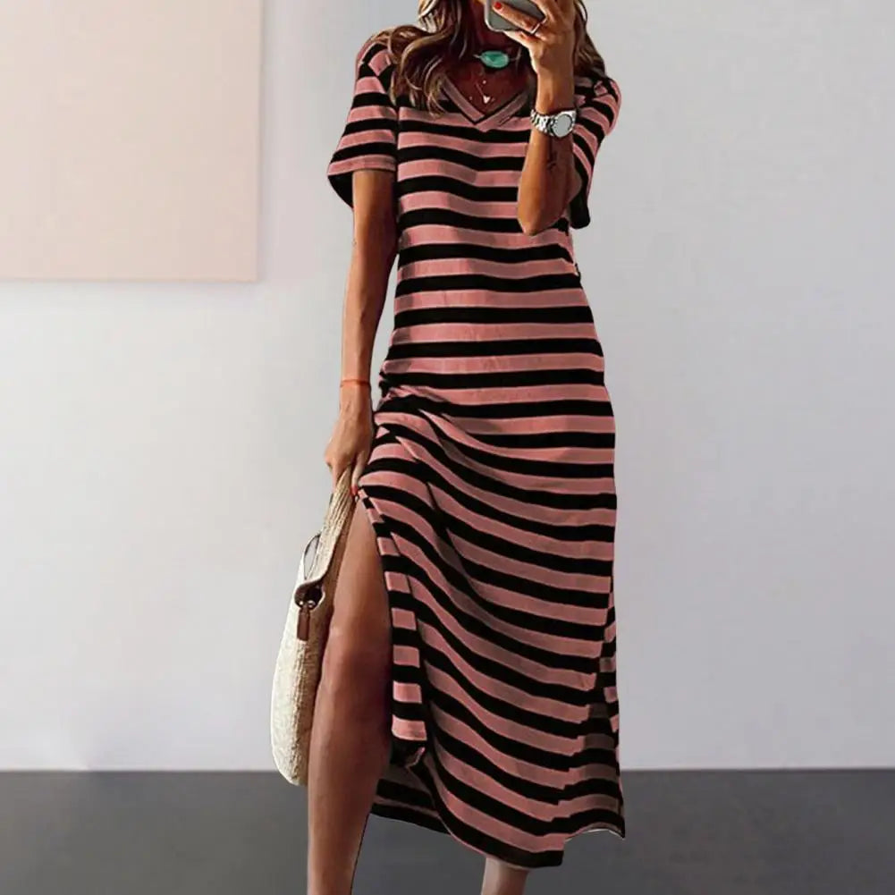 Summer Dresses 2023 Woman Plus Size Dresses For Women Casual Stripe Print V-neck Short Sleeve Loose Long Dress Robe Femme - Seprincess