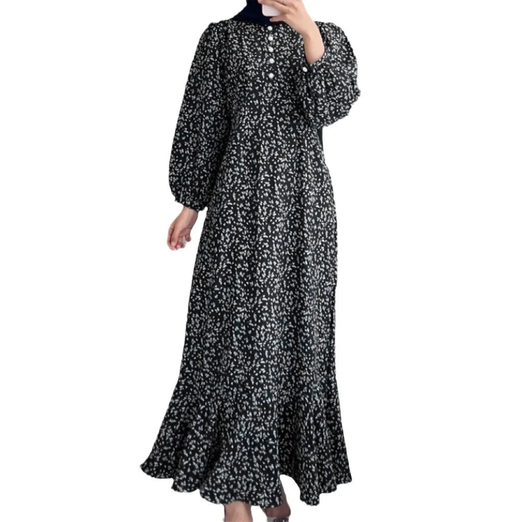 Women Fashion Loose Printed Long Sleeve O Neck Muslim Abaya Dress Vintage Ruffles Hem Sundress Robe Femme Turkey Vestido Kaftan - Seprincess