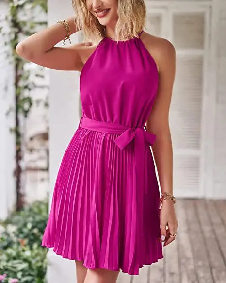 2023 Summer Short Pleated Dress Women Halter Dress Ladies Sleeveless A Line Party Dress For Women