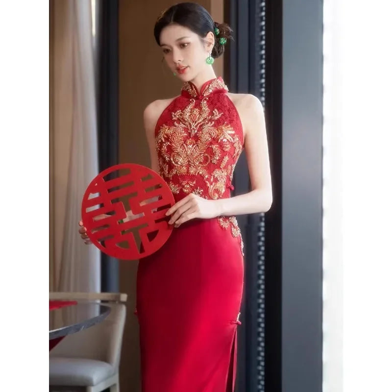 Autumn Traditional Chinese Clothing Qipao Red Sleeveless Stand Collar Embroidery Cheongsam Wedding Dress Elegant Evening Dress - Seprincess