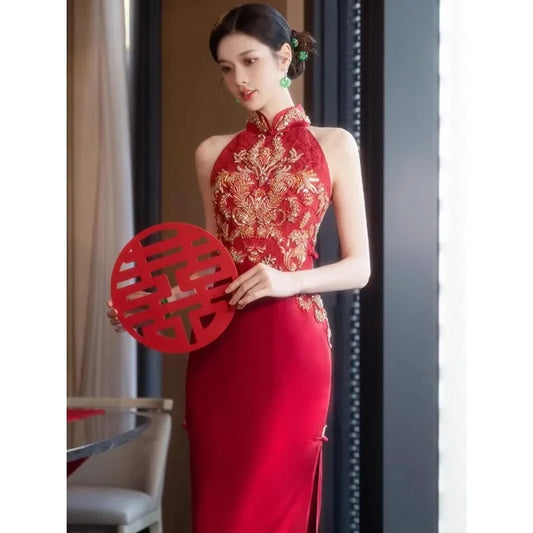 Autumn Traditional Chinese Clothing Qipao Red Sleeveless Stand Collar Embroidery Cheongsam Wedding Dress Elegant Evening Dress - Seprincess