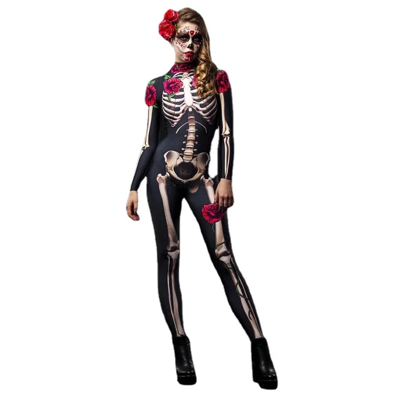 Women Cosplay Skeleton Rose Sexy Bodysuit Halloween Devil Ghost Specter Jumpsuit Romper Party Carnival Performance Scary Costume - Seprincess