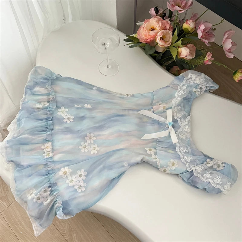 Women Blue A-line Lace Bow Dress Vintage Elegant Sleeveless Kawaii Flower Print Dresses Y2k One Piece Frocks 2000s Clothes 2024 - Seprincess