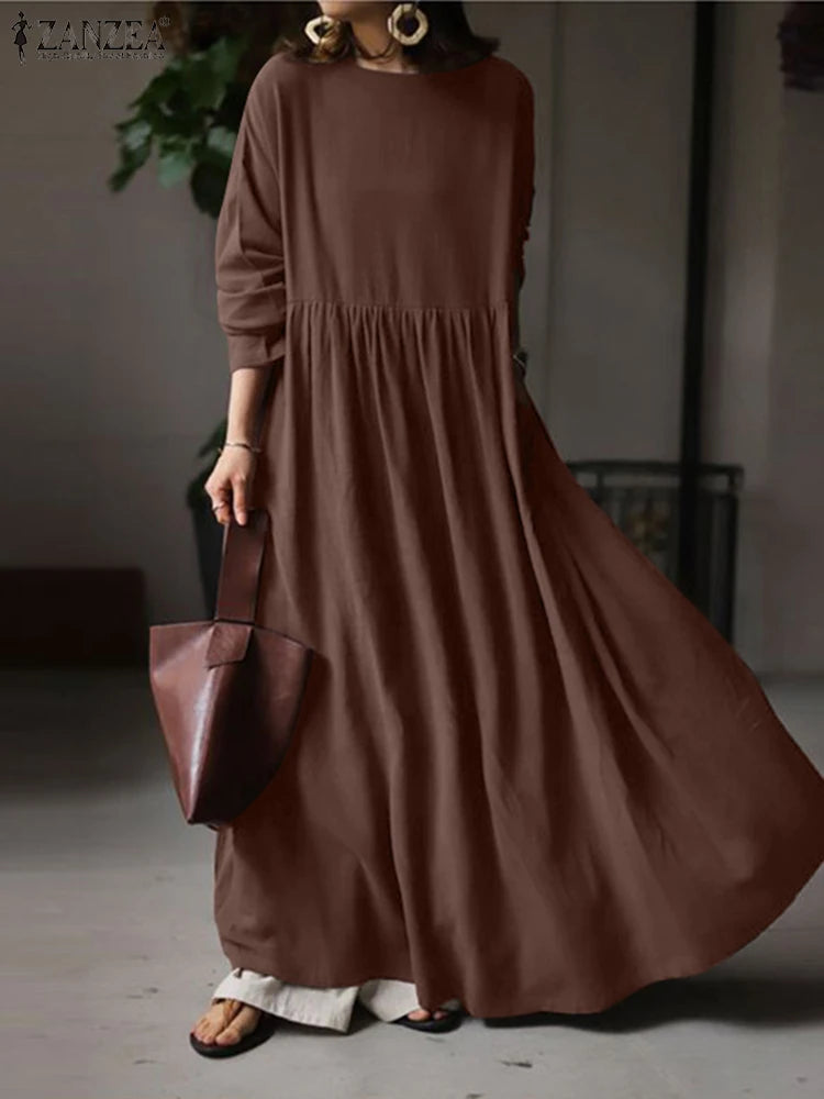 Autumn Women Sundress ZANZEA 2023 Vintage Solid Dresses Female Cotton Robe Casual Long Sleeve Pleated Maxi Vestidos Kaftan - Seprincess