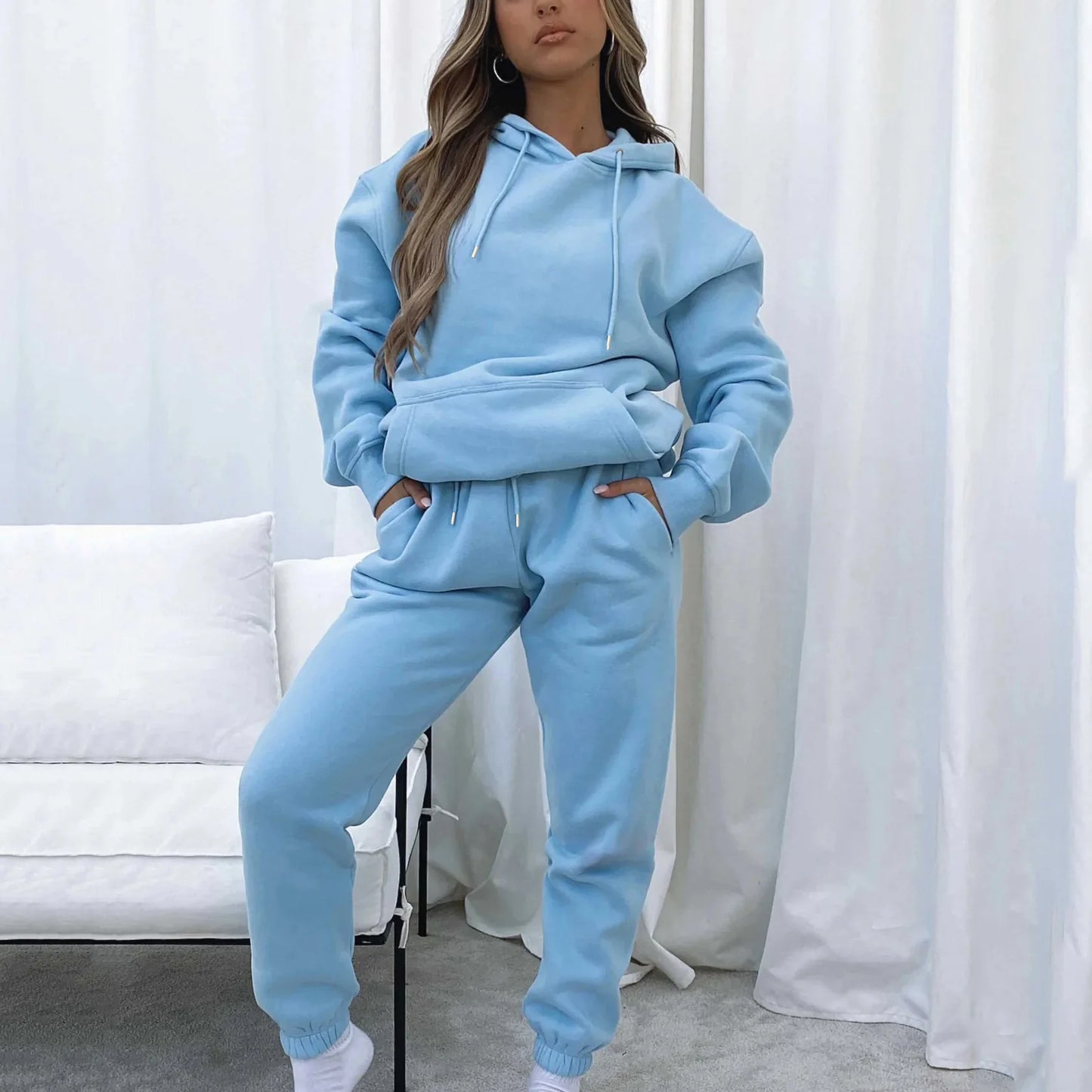 Women Two Piece Sets Tracksuit outfit Hooded Sweatshirts Pocket Drawstring Long Pants Suit Thick Casual Office Lady Autumn - Seprincess