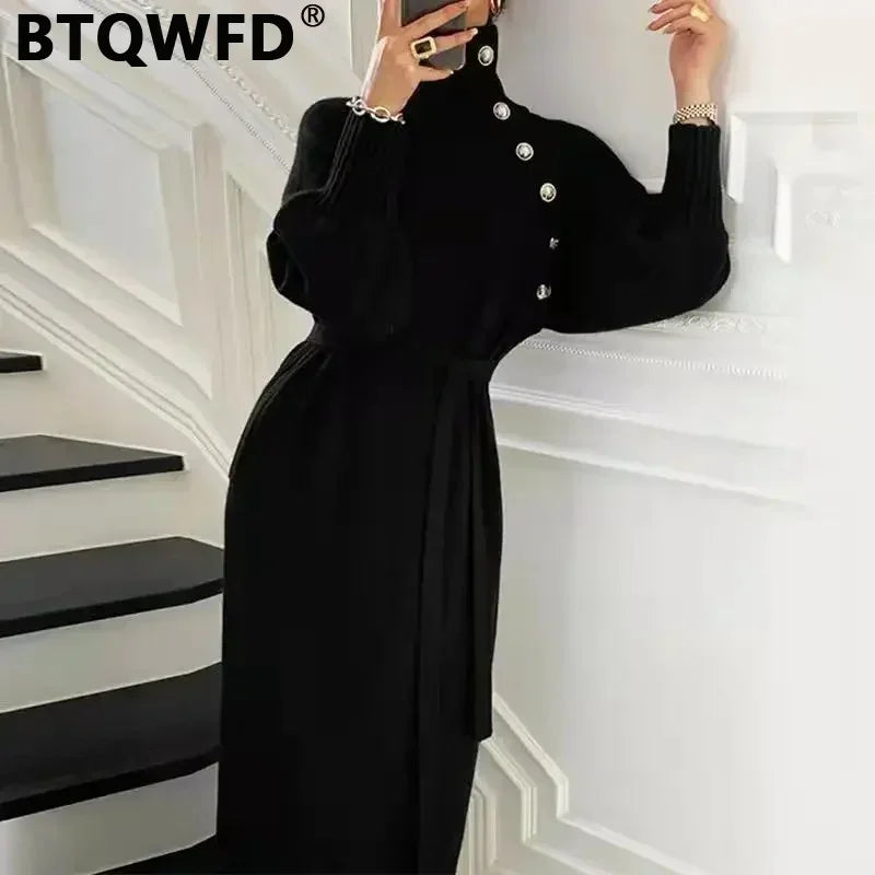 BTQWFD Sweaters Dresses Women's Turtleneck Korean Fashion Knitted Female Clothing Long Sleeves Streetwear 2024 New Autumn Winter - Seprincess