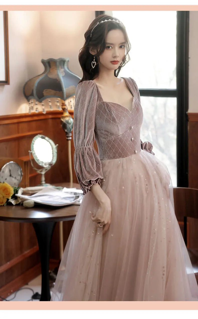 Autumn Winter Bridesmaid Dress New Women's Long Sleeve Corduroy Lace Splicing Style Dress Wedding Sisters Group Evening Dresses