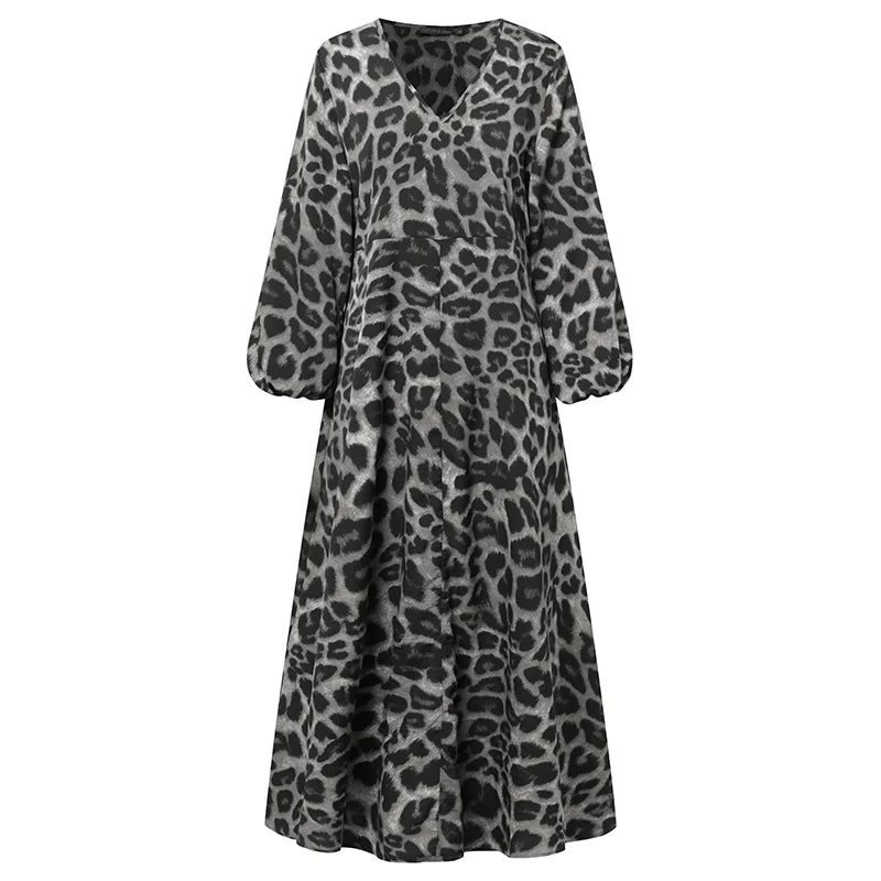 Vintage Women Long Sleeve Leopard Dresses ZANZEA Autumn Sundress Fashion Maxi Long Dress Party Vestidos Female V Neck Print Robe - Seprincess