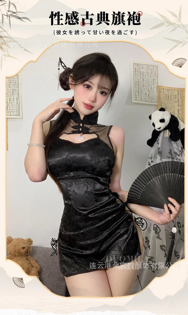 Sexy Cheongsam Mini Dress Mesh Lace Sheer Charming Underwear Uniform Transparent Slim Side Straps Dress Elegant Tops HE1O - Seprincess