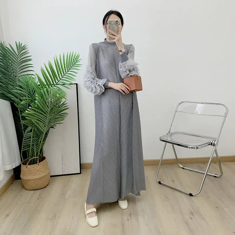 ANLAN Miyake Pleated Maxi Long Dress Mesh Petal Sleeve Half Turtleneck Formal Dresses for Women 2024 New Hot Sales 6KK9927 - Seprincess