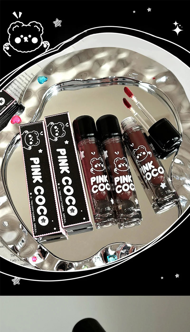 PINKCOCO Bear Doodle Mirror Lip Glaze — Long-Lasting Shiny Lip Gloss, Student-Friendly, Skin-Brightening Nude Lipstick - Seprincess