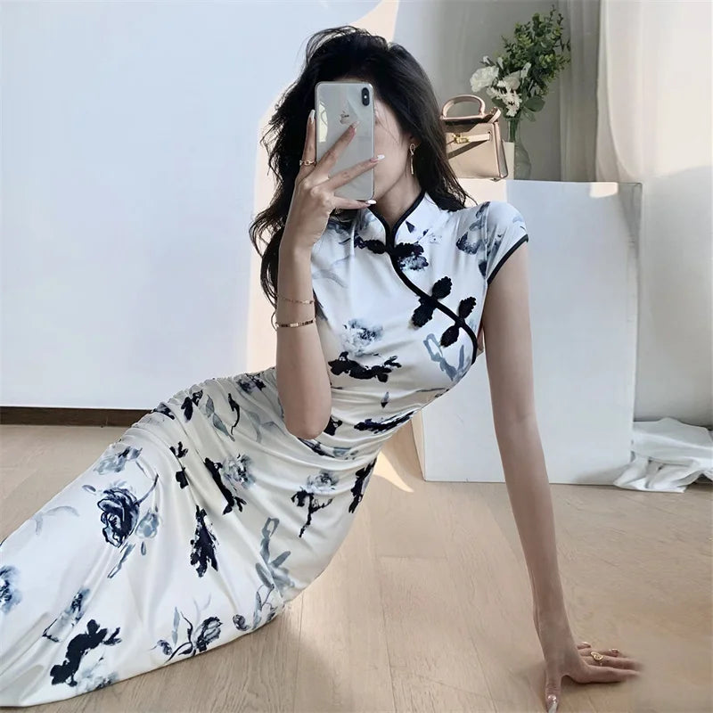 Vintage Sexy Sleeveless Female Qipao Classic Elegant Mandarin Collar Long Cheongsam Sexy Slim Split Chinese Dress Vestidos - Seprincess