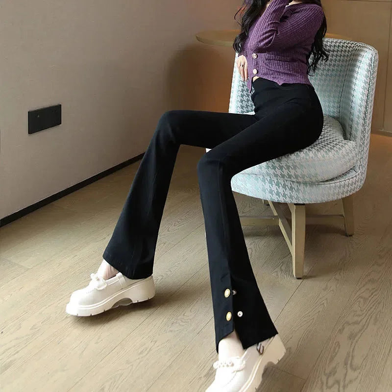 New Autumn Winter Pants High Waist Women Vintage Flared Pants Fashion Long Trousers Solid Slim Split Casual Pants Fur & Normal