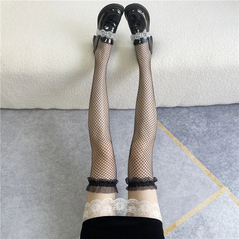 White Silk Bow Stockings Women's Japanese JK Over-the-knee Stockings Sexy Lace High Thigh Fishnet Socks Long Lolita Socks