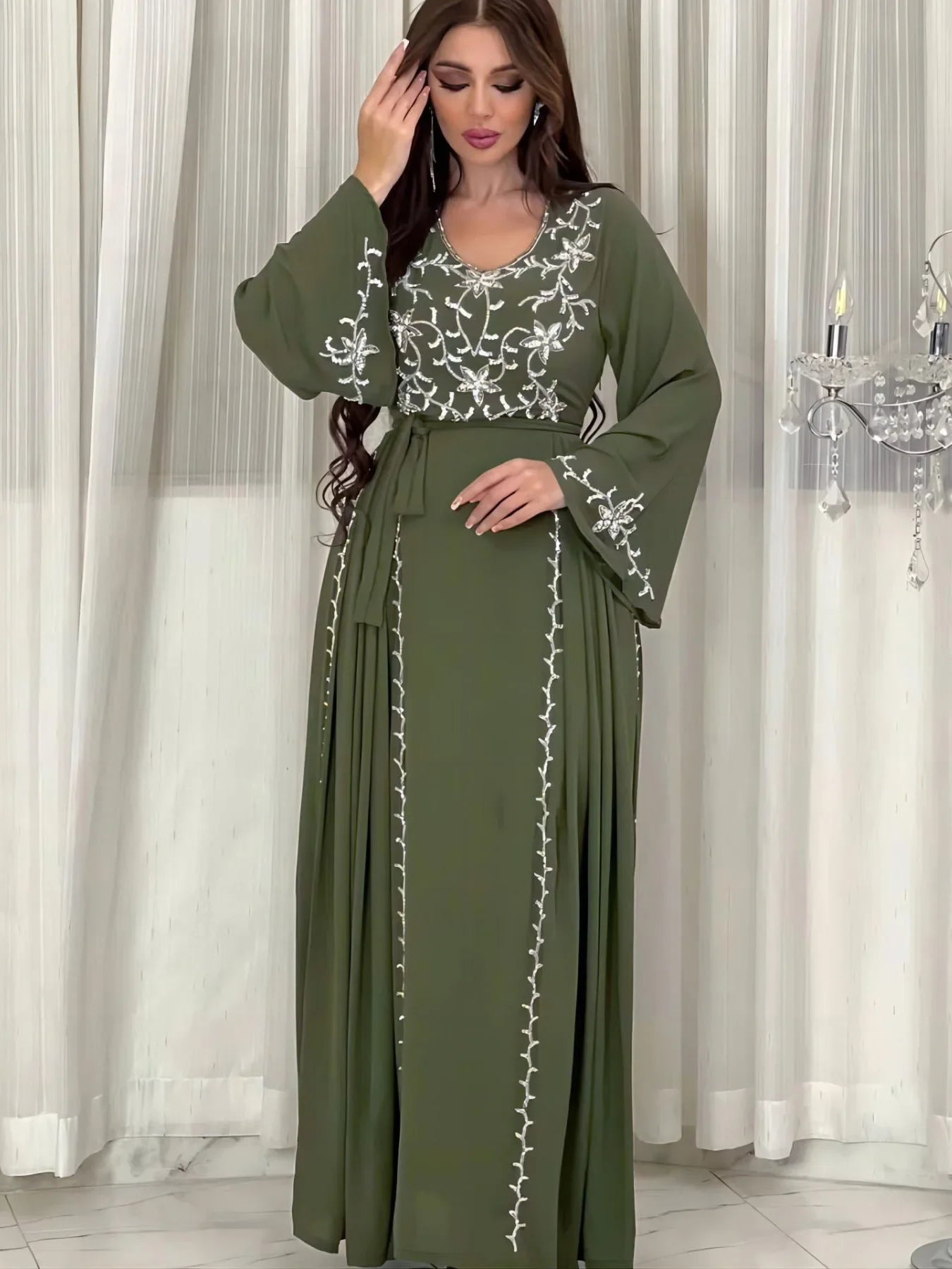 Dress for Women 2024 Spring Summer Fashion Muslim Women Long Sleeve Polyester Kaftan Embroidery Long Maxi Dress Abaya Dubai - Seprincess