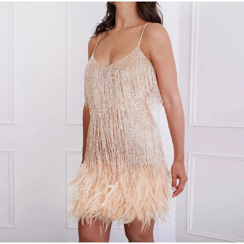 2024 Sexy Women's Fringed Sequin Feather Stitching Dress Summer Slim V-Neck Off Shoulder Dresses Female Backless Slip Mini Robe