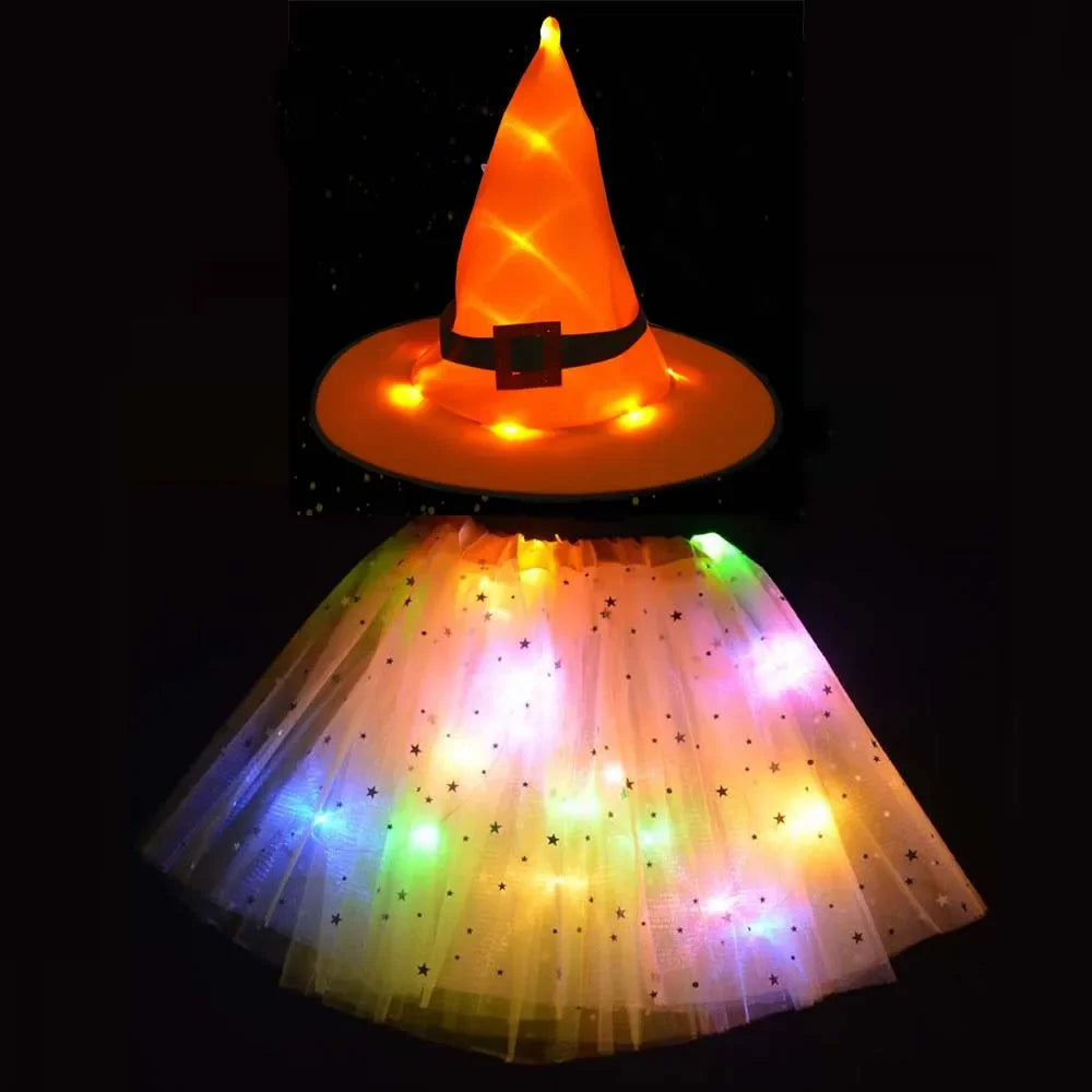 Women Kids Girl Luminous LED Glow Light Up Elf Witch Hat Star Skirt Spider Web Tutu Wizard Costume Party Gift Halloween Festival - Seprincess