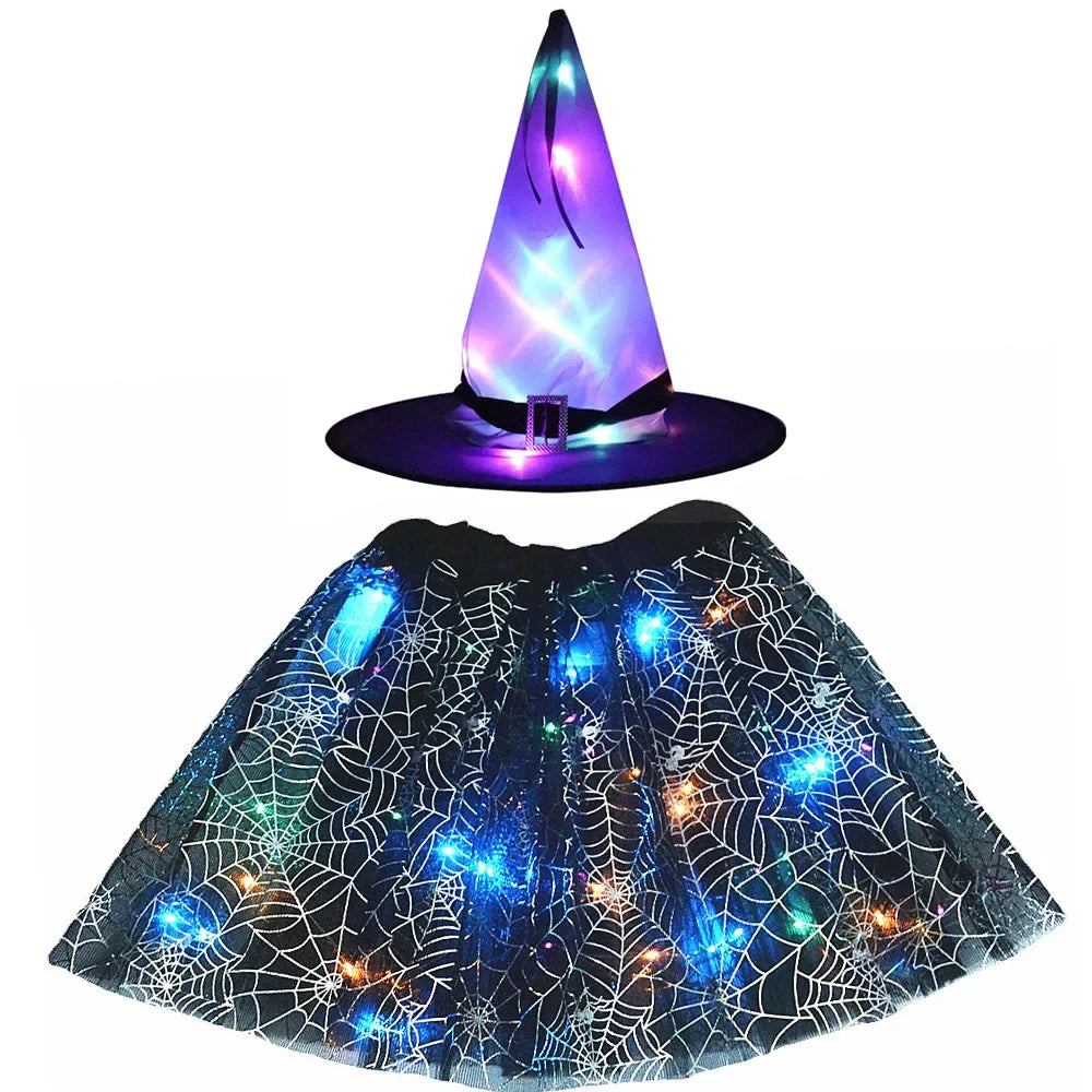 Women Kids Girl Luminous LED Glow Light Up Elf Witch Hat Star Skirt Spider Web Tutu Wizard Costume Party Gift Halloween Festival - Seprincess