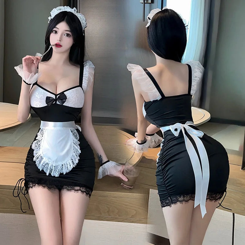 Erotic lingerie Lace deep v revealing breasts tight fitting maid uniform tempting sexy tоy body sexy. items lolita sex cosplay - Seprincess