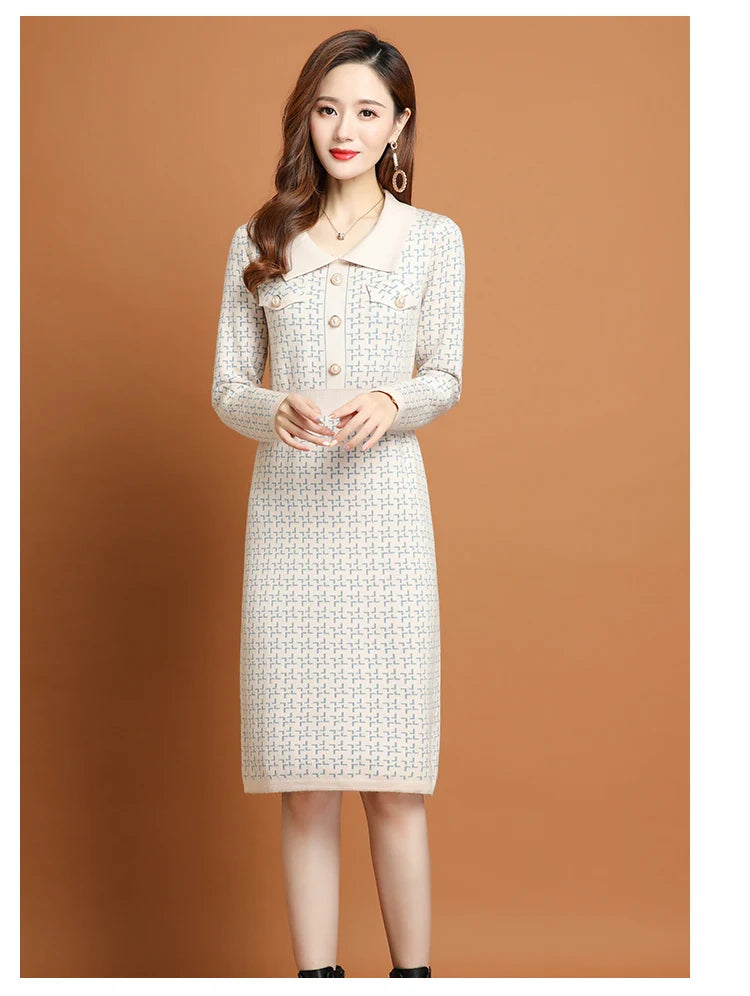 Office Lady Korean Fashion Knitted Solid Slim Dress Women's Winter Long Sleeve Warm Elegant Knee Length Tunics - Seprincess