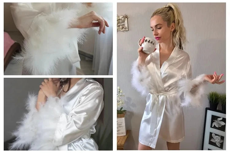 White Feather Robe With Fur Full Sleeves Sleepwear Satin Robes For Women Nightgown Bride Robe Gown Dress Bathrobe Female - Seprincess