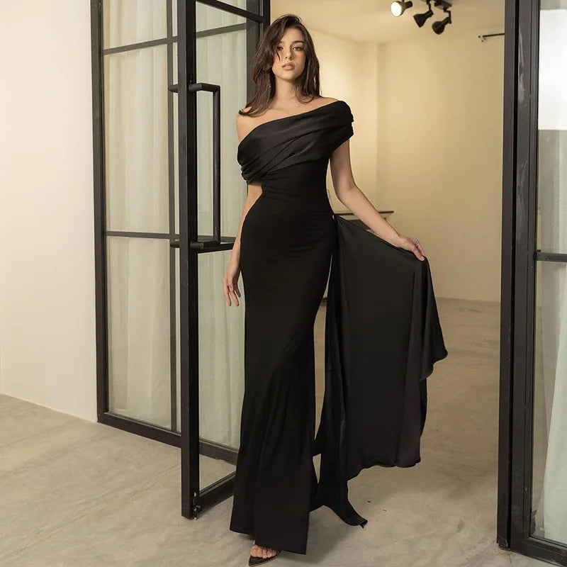 2024 Party Evening Dresses Elegant Black Slash Neck Maxi Dress For Women Fashion Short Sleeve Bodycon Banquet Vestidos Female - Seprincess