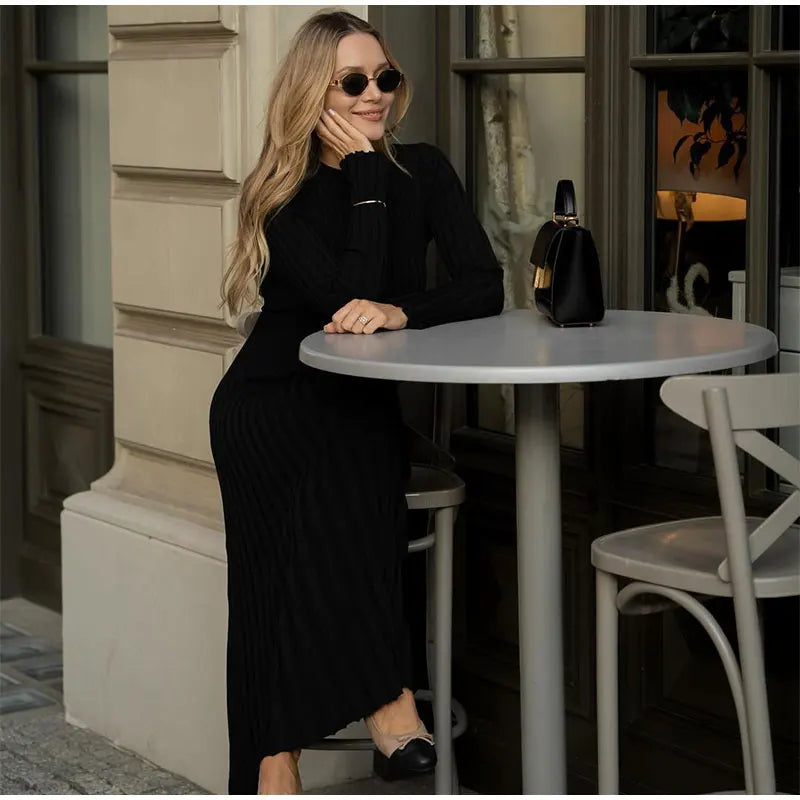 Women Elegant Solid Pleated Knitted Maxi Dress Casual Round Neck Long Sleeve Lace Up Dresses 2024 Autumn Lady High Street Robes - Seprincess