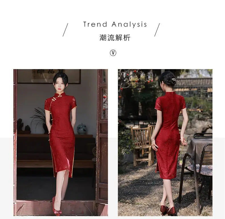 New Arrival Cheongsam Dress Red Jacquard with Improved Design Perfect for Wedding Bridal Party Banquet Dinner - Seprincess