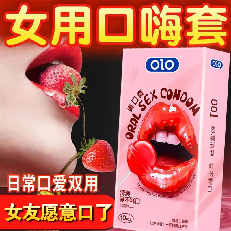 OLO 10Pcs Oral Sex Condoms with Strawberry Taste Safe Sex Penis Sleeve Condom Intimate Goods Tongue Sex Lick Dick Toys for Adult - Seprincess