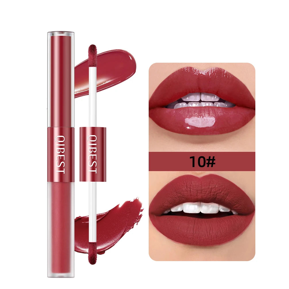 QIBEST 2023 New Double Head Matte Velvet Liquid Lipstick Waterproof Double End Mirror Lip Glaze Moisture Lip Makeup 2 In 1 Stick