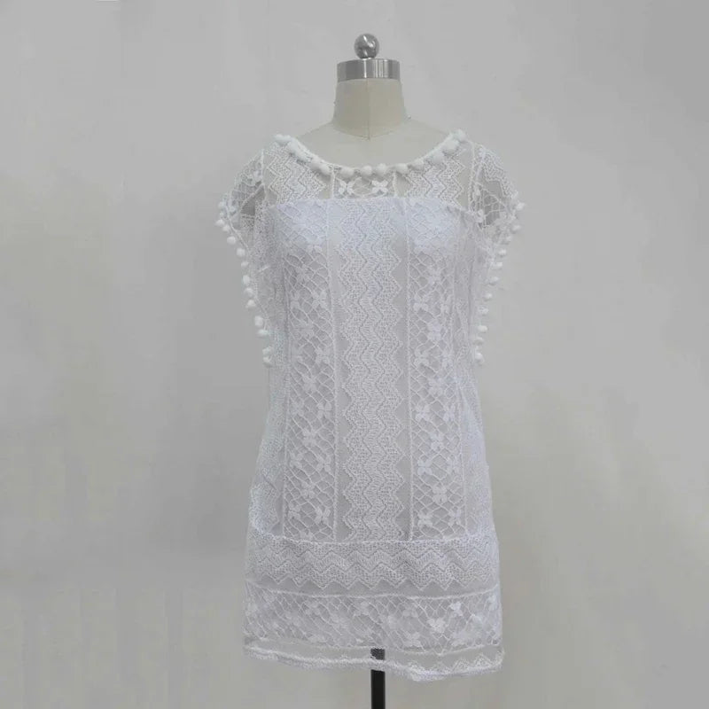 Summer White Women Dress 2024 Casual Sleeveless Beach Short Dress Female Sexy Tassel Mini Lace Dress vestidos de tric? femenino - Seprincess