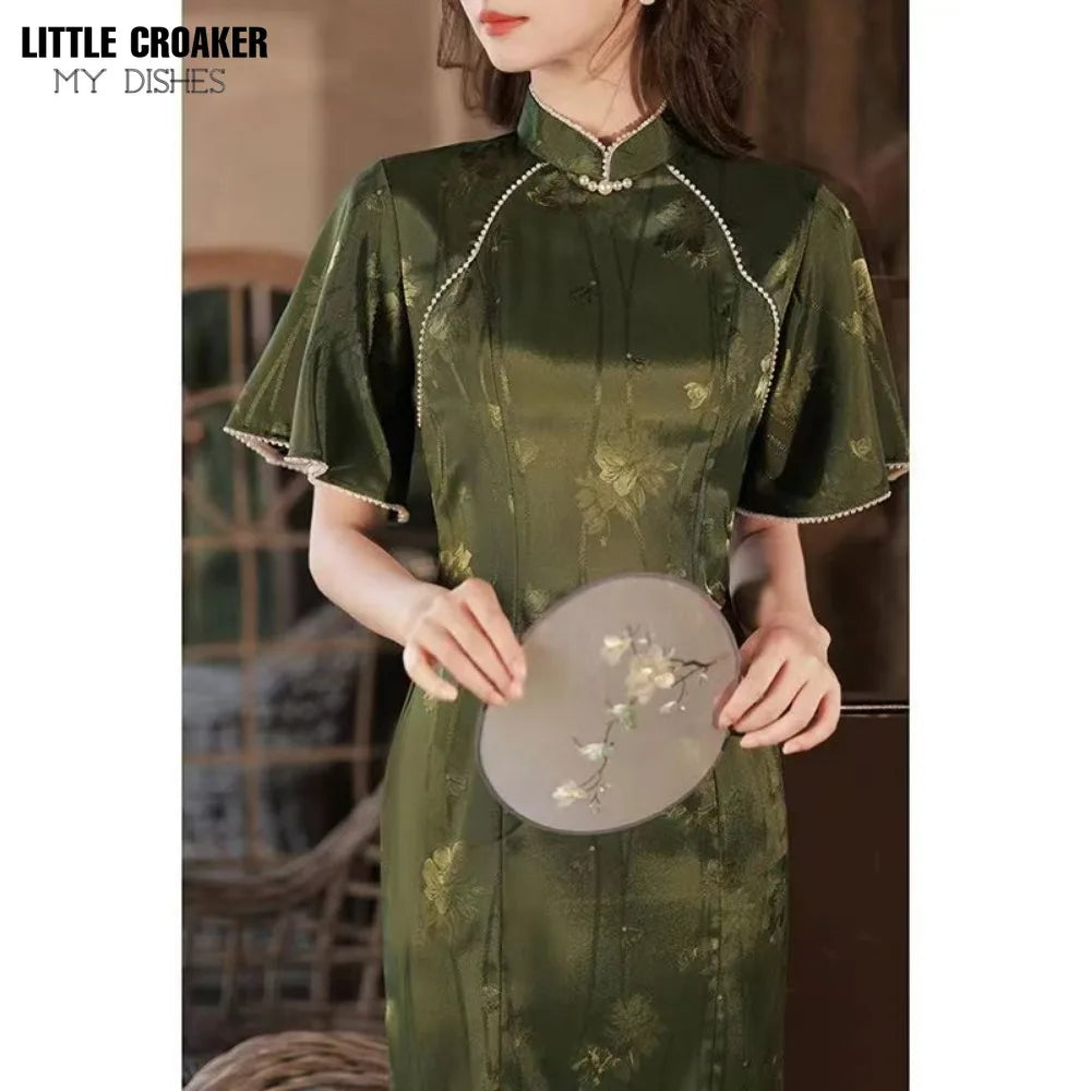 Cheongsam Dress Modern 2024 Women Improved Qipao New Long Waist Chinese Style Dress Sweet Green Chinese Dress Woman - Seprincess