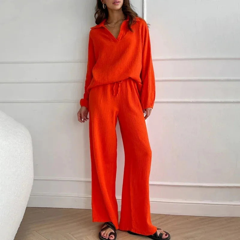 Large Size 2 Piece Sets Womens Outfits Casual Long Sleeve Button Blouse Elastic-waisted High-waisted Wide-leg Pants Casual Suits - Seprincess