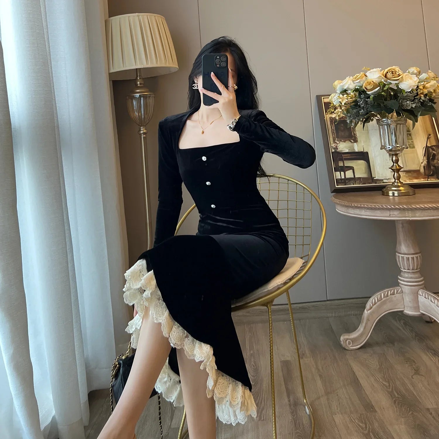 Elegant French Haban Style Fish Tail Skirt Spring Autumn Soft High Class Square Collar Long Sleeve Black Velvet Long Dress - Seprincess