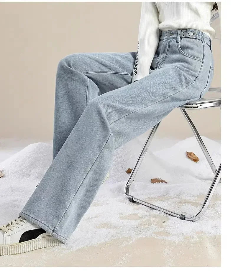 Thickened Fleece-Lined Warm Straight-Leg Jeans Design Adjustable High-Waisted Slimming Bell Bottoms Winter New Arrival