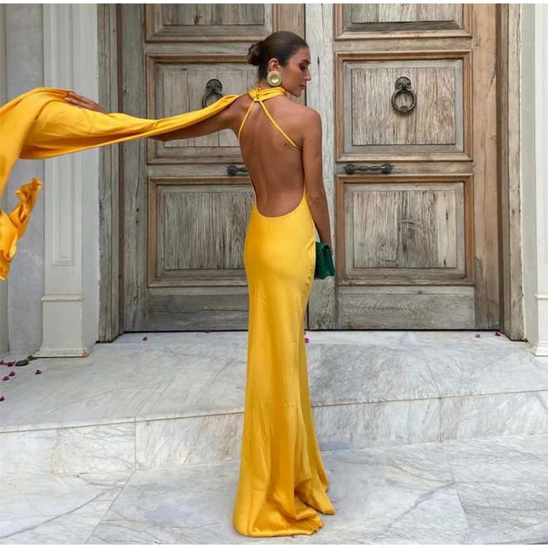 Elegant Satin Halter Slim Long Dress With Scarf Women New Sexy Backless Sleeveless Maxi Dresses Summer Lady Party Chic Vestidos - Seprincess