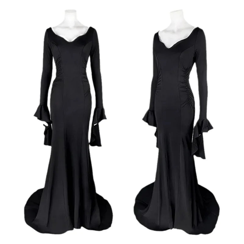 Halloween Morticia Adams Primate Black Adams Family Dress Retro Gothic Long Sleeve V-neck Dress with Luxury Casual Elegant Style - Seprincess