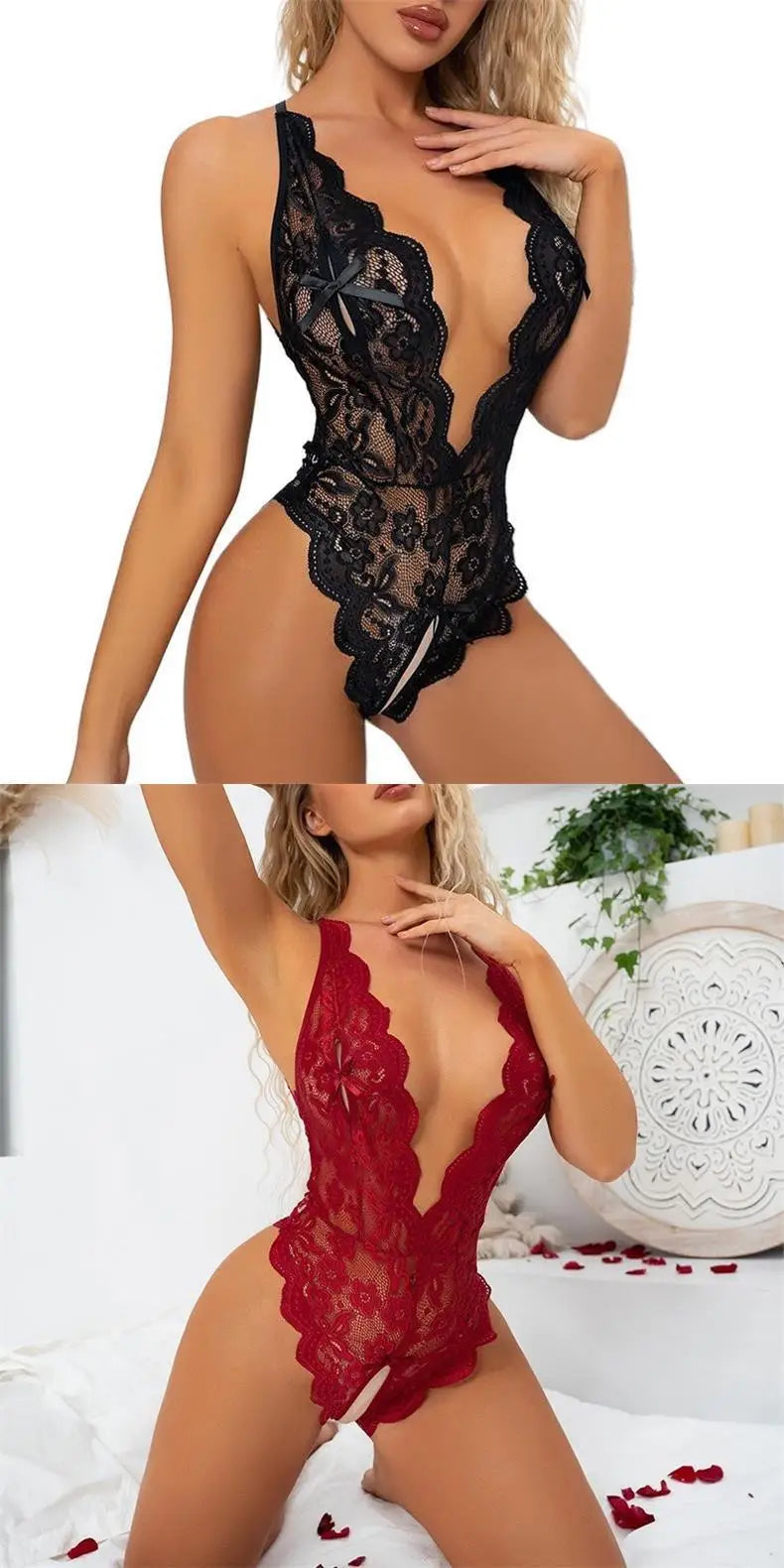 Lingerie Tight open cut embroidery jacquard lace deep v Sex clothes adult large xxxl dresses sexy sets women's sexy underwear - Seprincess